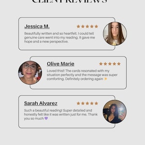 May include: A light gray graphic with the text "CLIENT REVIEWS" at the top. Three customer reviews are displayed, each with a photo, name, and a short testimonial. Each review includes a five-star rating.