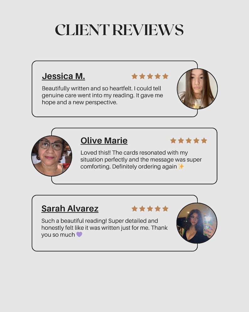 May include: A light gray graphic with the text "CLIENT REVIEWS" at the top. Three customer reviews are displayed, each with a photo, name, and a short testimonial. Each review includes a five-star rating.