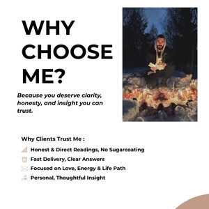 May include: A promotional graphic for GuidancebyLucas, featuring the text "WHY CHOOSE ME?" and a photo of a person in a snowy outdoor setting. The text highlights clarity, honesty, and insight. Additional text lists reasons clients trust the service.