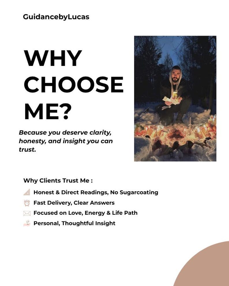 May include: A promotional graphic for GuidancebyLucas, featuring the text "WHY CHOOSE ME?" and a photo of a person in a snowy outdoor setting. The text highlights clarity, honesty, and insight. Additional text lists reasons clients trust the service.