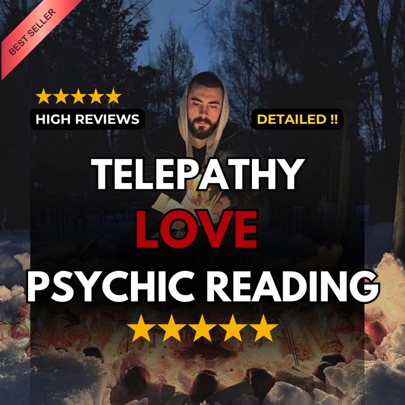 May include: Image promoting psychic readings. Text includes "Telepathy Love Psychic Reading" with a person in the background. The image has a "Best Seller" banner and "High Reviews" and "Detailed" text.