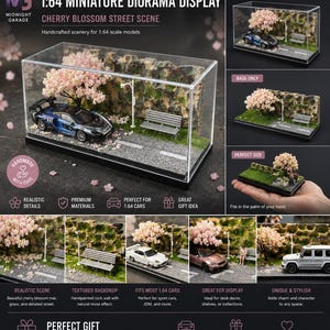May include: A miniature diorama display featuring a cherry blossom street scene. The handcrafted scene includes a blue and black sports car, a bench, a street lamp, and a cherry blossom tree, all enclosed in a clear display case. The diorama is designed for 1:64 scale models.