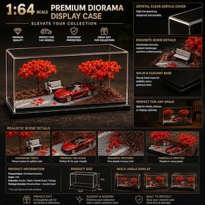 May include: A 1:64 scale premium diorama display case featuring a clear acrylic cover and a black base. The interior scene includes two red-leafed trees, a miniature bench, and a red sports car model. Product dimensions are 13cm by 7cm.