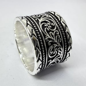 925 Sterling Silber breit Bandring: Oxidierte Floral Blätter filigran, Vintage Boho Statement