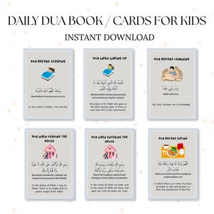 以下が含まれることがあります： アラビア語と英語のテキストが書かれた、子供向けのイラスト付きカード6枚セットです。「Daily Dua Book / Cards for Kids」と題され、起床や食事など、さまざまな日常活動のためのフレーズが含まれています。