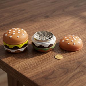 May include: A three-piece herb grinder shaped like a hamburger with a brown bun top featuring white sesame seeds, a yellow cheese layer, a dark brown patty, and a white lettuce layer. The center section reveals silver metal grinding teeth.