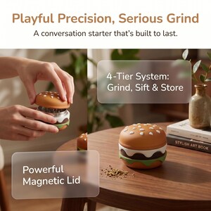 May include: A hamburger-shaped herb grinder featuring a brown bun top with white sesame seeds, a white middle layer, a dark brown patty layer, and a green lettuce base. The device includes a 4-tier system, a powerful magnetic lid, and metal teeth.