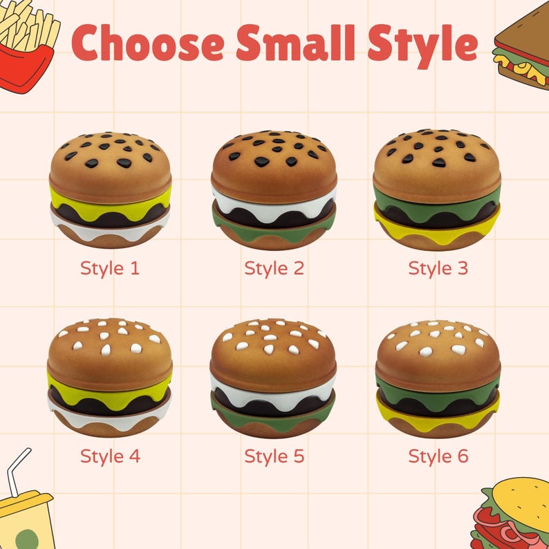 May include: A grid display titled Choose Small Style featuring six burger-shaped containers. Styles 1-3 have dark seeds on tan buns, while Styles 4-6 have white seeds. Each burger features layered colored bands representing ingredients like lettuce, cheese, and patties.