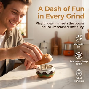 May include: A burger-shaped herb grinder made of zinc alloy with a magnetic lid, diamond-sharp teeth, and a 4-in-1 function. The text reads: A Dash of Fun in Every Grind. Playful design meets the power of CNC-machined zinc alloy.