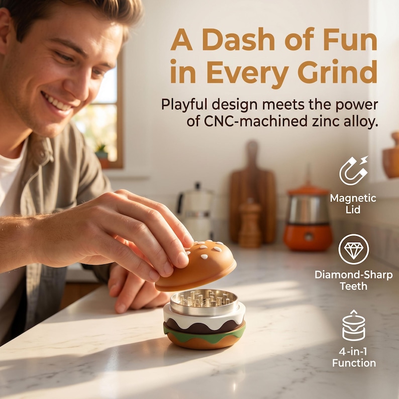 May include: A burger-shaped herb grinder made of zinc alloy with a magnetic lid, diamond-sharp teeth, and a 4-in-1 function. The text reads: A Dash of Fun in Every Grind. Playful design meets the power of CNC-machined zinc alloy.