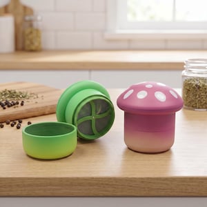 May include: A mushroom-shaped herb grinder with a pink cap featuring white spots and a gradient pink base. Beside it, a separate green grinder component shows a metal mesh screen and a four-blade interior mechanism for processing dried herbs.