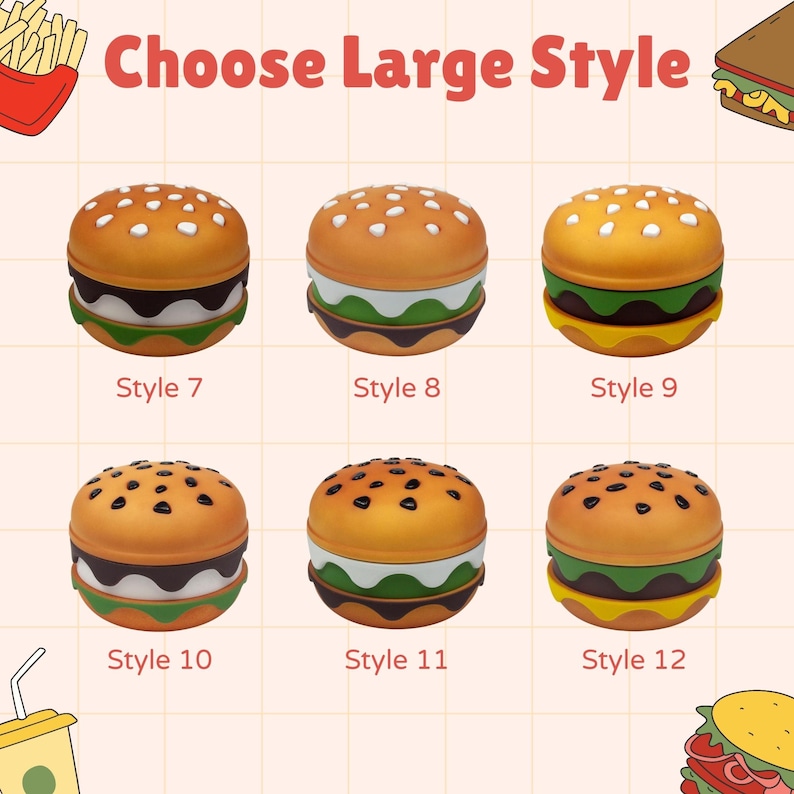 May include: A grid display titled Choose Large Style featuring six burger-shaped containers labeled Style 7 through Style 12. Each burger has a tan bun with white or black sesame seeds, layered with green, white, or brown fillings on a light background.