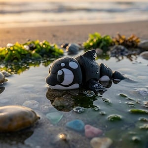 Può includere: Una piccola statuetta articolata di orca bianca e nera con grandi occhi stilizzati, che riposa in una pozza di marea poco profonda. Il giocattolo presenta un design del corpo segmentato, superfici lisce e macchie bianche distintive.