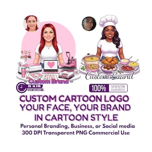 May include: A digital illustration featuring two cartoon characters representing custom branding. One character with red hair works with crafting tools, while the other wears a chef hat and serves various dishes. Text includes Custom Brand, 2h to 24h, 100% Satisfaction Guarantee, and Custom Cartoon Logo Your Face, Your Brand In Cartoon Style.