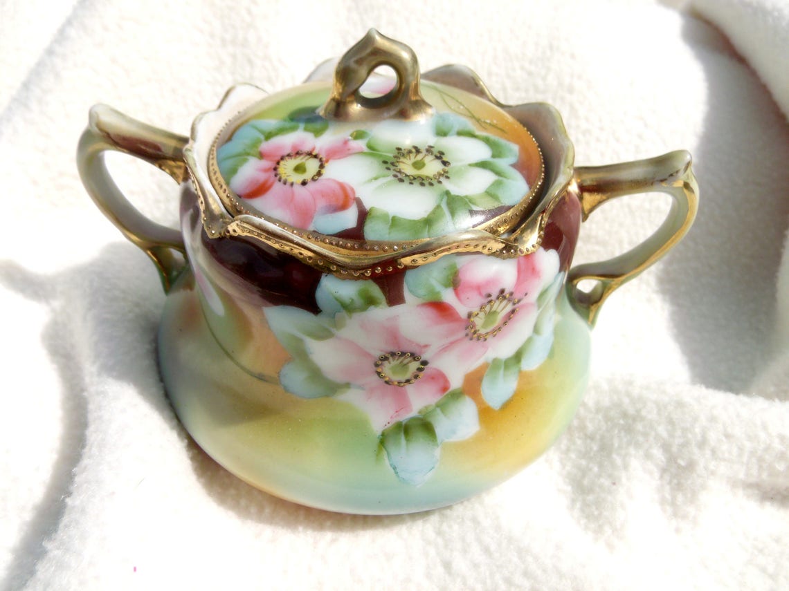 Nippon Hand Painted Floral Gold Lidded Sugar Bowl Vintage Etsy