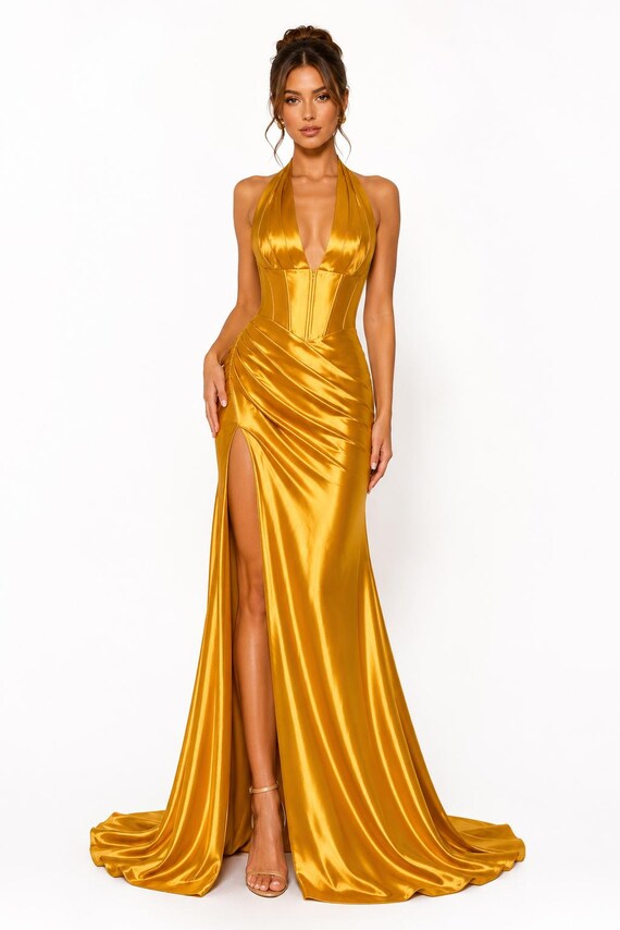 gold halter dresses formal Satin Maxi Dress Silk Evening Gown for Women elegant yellow evening gown