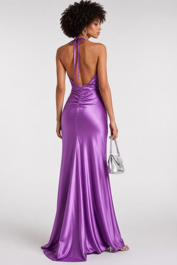 purple silk halter dress Satin Gown Evening for Women Party Lilac