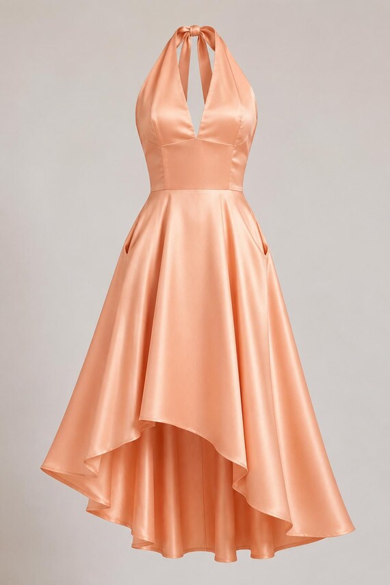 Peach Satin Halter Dress Silk High Low Gown for Elegant Women