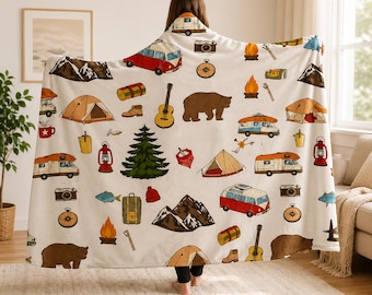 Camping Hooded Blanket, Wearable Fleece, Retro Outdoor Print, Cozy Travel Hoodie