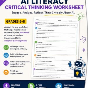 Może przedstawiać: Kolorowy arkusz roboczy zatytułowany "AI Literacy Critical Thinking Worksheet" dla klas 6-8. Zachęca do krytycznego myślenia o AI, z sekcjami do analizy, refleksji i opinii. Zawiera plik PDF do wydruku i jest gotowy do użycia w klasie.