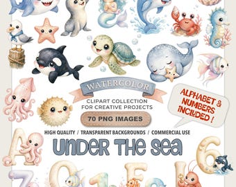 Imágenes prediseñadas de acuarela del fondo del mar: animales marinos, sirenas, criaturas marinas, PNG, guardería, cumpleaños, descarga digital