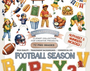 Imágenes prediseñadas de fútbol americano en acuarela: jugador de fútbol americano, animadora, día de partido, PNG, deportes, cumpleaños, descarga digital