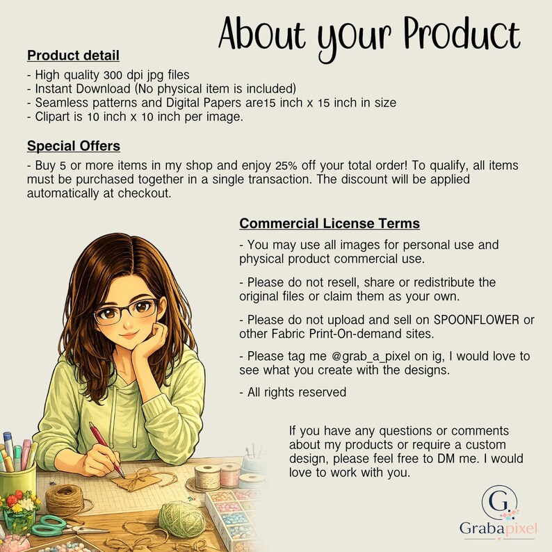 K&ouml;nnte beinhalten: Digitales Kunstbild mit dem Text "About your Product" und "Product detail". Das Bild enth&auml;lt eine Cartoon-Illustration einer Person mit Brille, einem gr&uuml;nen Kapuzenpullover und einem Stift. Das Bild enth&auml;lt auch Text &uuml;ber digitale Downloads.