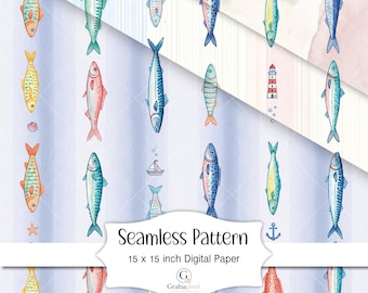 Coastal Fish Seamless Pattern Watercolor Nautical Digital Paper Beach House Decor Ocean Marine Wallpaper Seafood Background Download