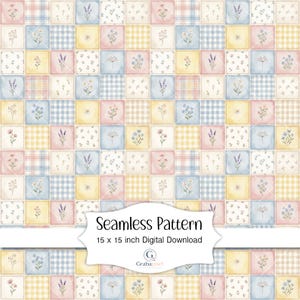 Pastel Floral Patchwork Seamless Pattern Digital Paper Cottagecore Quilt Squares Watercolor Flowers Gingham Scrapbook Background