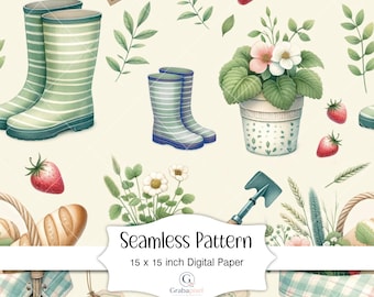 Cottage Garden Seamless Pattern Digital Paper Watercolor Strawberry Farmhouse Botanical Printable Background