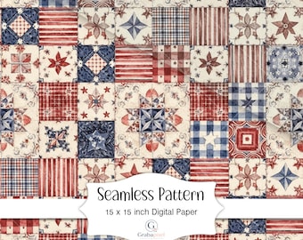 Patriotic Quilt Seamless Pattern Americana Patchwork Digital Paper Fourth Of July Farmhouse Stars Stripes Background Download