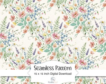 Tela con estampado floral sin costuras de flores silvestres en acuarela, descarga digital, estilo cottagecore, botánica, para álbumes de recortes, papel de regalo y textiles.