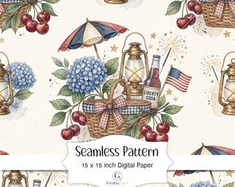 Patriotic Picnic Seamless Pattern Digital Paper Americana Fourth of July Cottagecore Summer Printable Background Decor