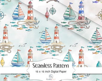Coastal Sailboat Seamless Pattern Watercolor Lighthouse Ocean Digital Paper Beach Wallpaper Maritime Print Download
