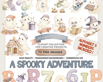 Imágenes prediseñadas de fantasmas de Halloween en acuarela, lindos personajes espeluznantes, bruja, calabaza, fiesta infantil, guardería, PNG, descarga digital