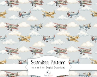Patrón sin costuras de avión vintage, acuarela de avión, papel digital, fondo de aviación retro, biplano, cielo, nubes, habitación infantil