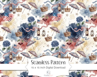 Patrón patriótico sin costuras, descarga digital, acuarela americana, bandera de picnic del 4 de julio, verano, tela, papel para álbum de recortes