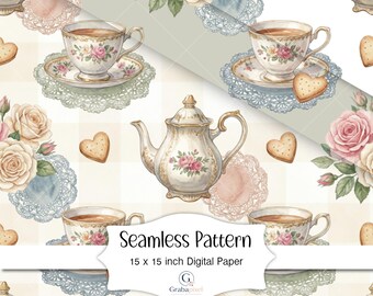 Vintage Tea Party Seamless Pattern Floral Teacup Digital Paper Shabby Chic Cottagecore Rose Teapot Background Wallpaper Download