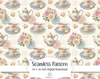 Papel digital con estampado floral vintage para fiesta de té, estilo shabby chic, taza de té, tetera de rosas, fondo de álbum de recortes cottagecore.