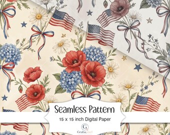 Patriotic Floral Seamless Pattern American Flag Digital Paper Fourth Of July Watercolor Vintage Summer Wallpaper Background