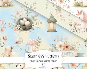 Whimsical Fairy Garden Seamless Pattern Digital Paper Cottagecore Woodland Nursery Floral Watercolor Background Printable