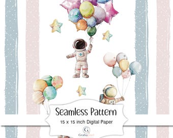 Astronaut Seamless Pattern Digital Paper Space Balloon Background Watercolor Nursery Printable Kids Wallpaper