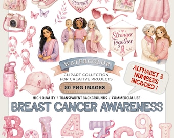 Imágenes prediseñadas de cáncer de mama en acuarela con lazo rosa para concientización, apoyo a sobrevivientes y mujeres (PNG, octubre, descarga digital).