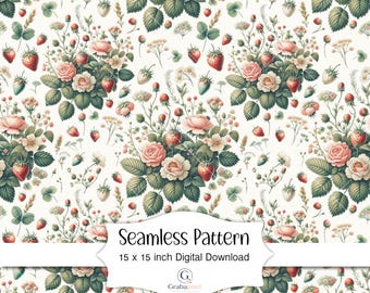 Patrón floral de fresas sin costuras, descarga digital, estilo cottagecore vintage, rosas botánicas, tela, papel de regalo para álbumes de recortes.