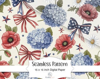 Patriotic Floral Seamless Pattern Fourth Of July Digital Paper Americana Watercolor Hydrangea Poppy Bow Wallpaper Design Download