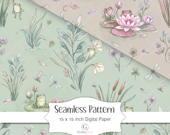 Frog Pond Seamless Pattern Watercolor Lily Pad Digital Paper Cottagecore Nursery Wallpaper Dragonfly Floral Background