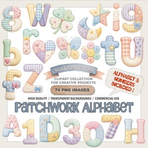 Op de afbeelding: Een digitale collectie van patchwork alfabetletters en cijfers in aquarel met pastelkleurige ruitjes-, bloemen- en stippenpatronen. Bevat vormen zoals een vlinder, klaver, maan en ster, met de tekst PATCHWORK ALPHABET.