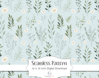 Papel digital con estampado botánico verde sin costuras, acuarela de flores silvestres, fondo de tela con estampado floral estilo cottagecore, imprimible