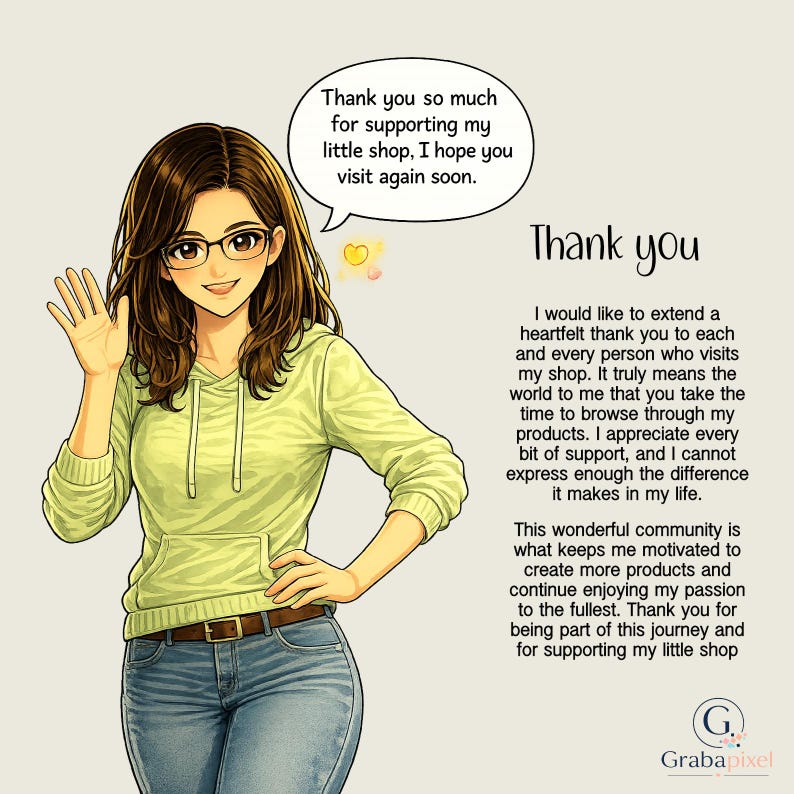 K&ouml;nnte beinhalten: Illustration einer Frau in einem hellgr&uuml;nen Kapuzenpullover und blauen Jeans, die winkt. Eine Sprechblase sagt: "Vielen Dank f&uuml;r die Unterst&uuml;tzung meines kleinen Shops, ich hoffe, Sie besuchen ihn bald wieder." Der Text sagt "Danke."