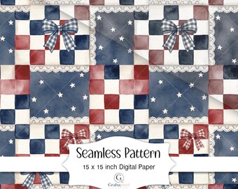 Patrón de colcha patriótica sin costuras, acuarela americana, papel digital, fondo de patchwork vintage, fondo de pantalla infantil del 4 de julio (descarga).